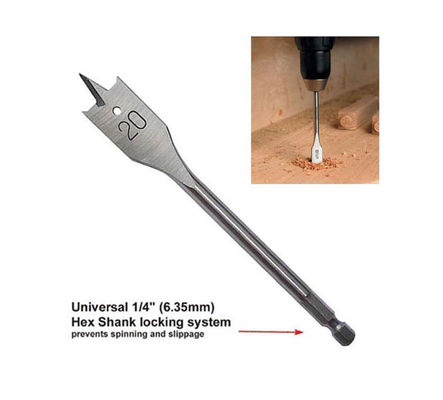 مته بیلچه ای با شفت شش گوش برای چوب - روکش Ti-Coated استاندارد DIN